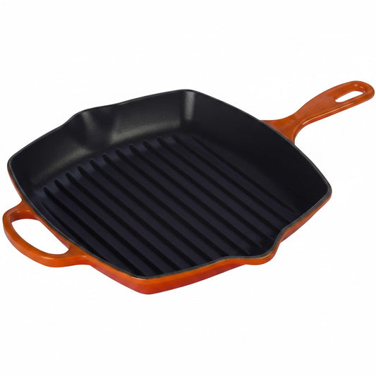 whb-superb Le Creuset quadratische Gusseisen-Grillpfanne in Ofenrot mit Grillrippen und Ausgießnasen