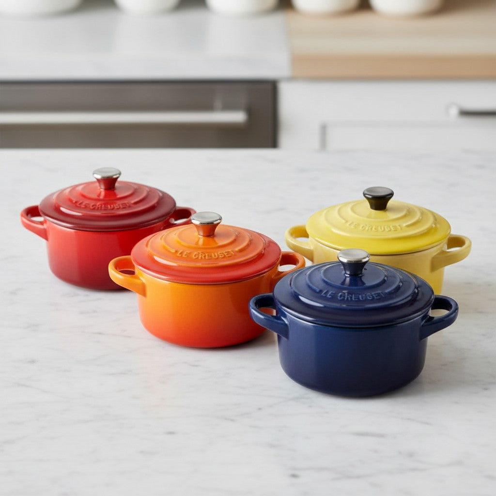 whb-superb Le Creuset Mini-Cocotte Set aus emailliertem Gusseisen in Rot, Orange, Gelb und Blau auf Marmorplatte