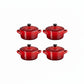 whb-superb 4er-Set LE CREUSET Mini-Cocottes aus kirschrotem Steinzeug mit Deckel für Ofen und Servieren