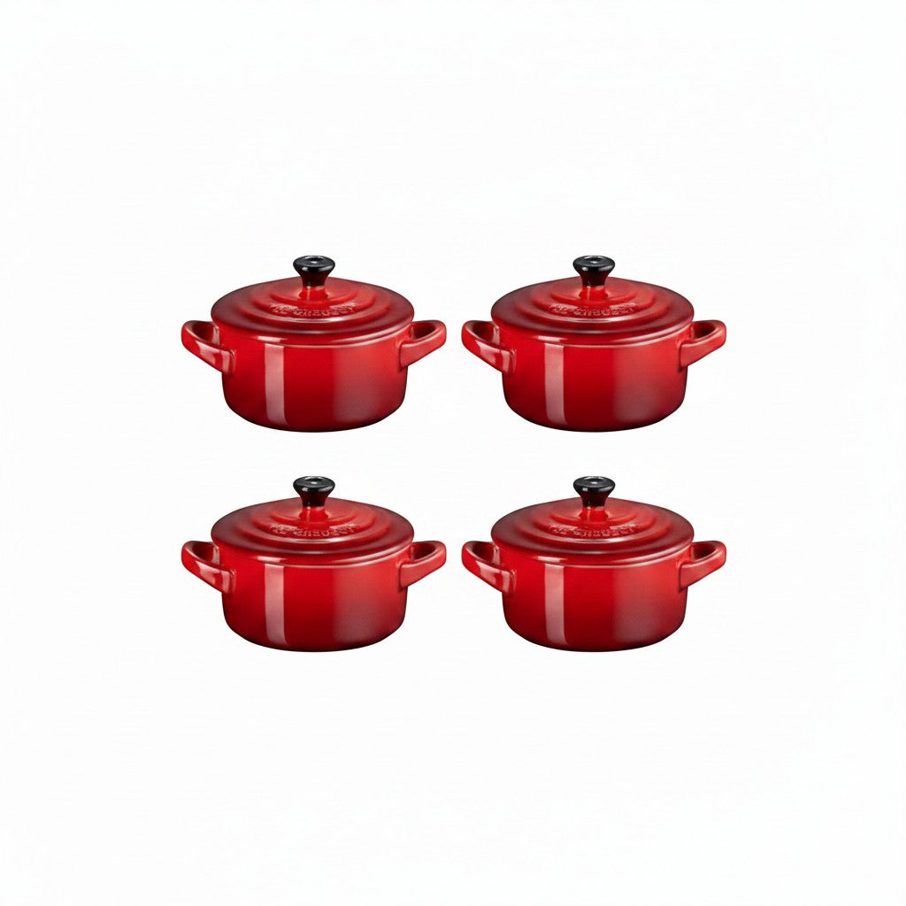 whb-superb 4er-Set LE CREUSET Mini-Cocottes aus kirschrotem Steinzeug mit Deckel für Ofen und Servieren