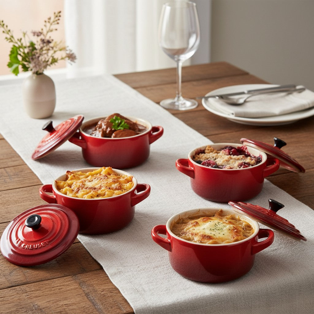 whb-superb LE CREUSET 4er-Set Mini Cocottes aus kirschrotem Steinzeug mit Deckeln auf einem gedeckten Holztisch