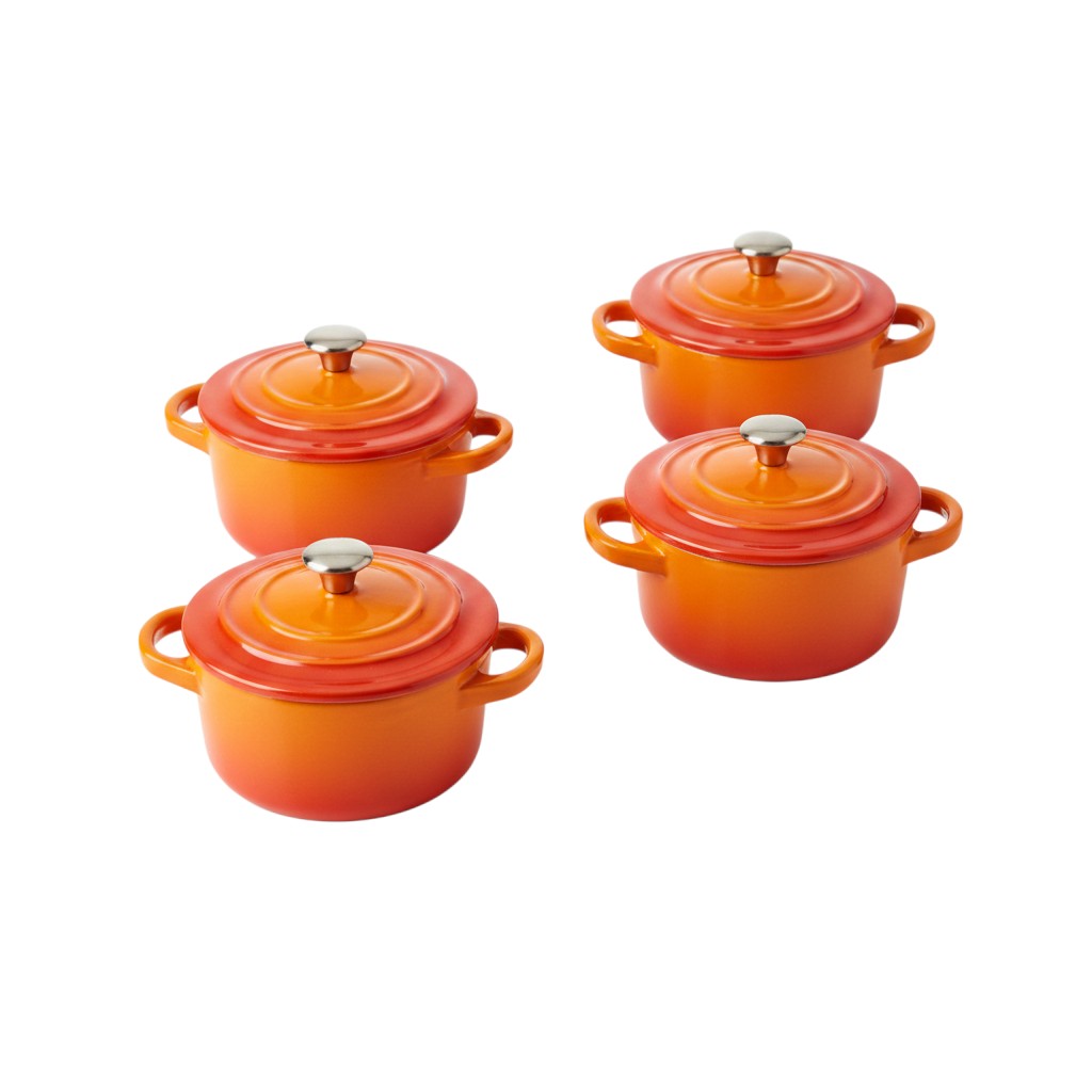 whb-superb 4er-Set LE CREUSET Mini Cocottes aus ofenrotem Steinzeug für Einzelportionen