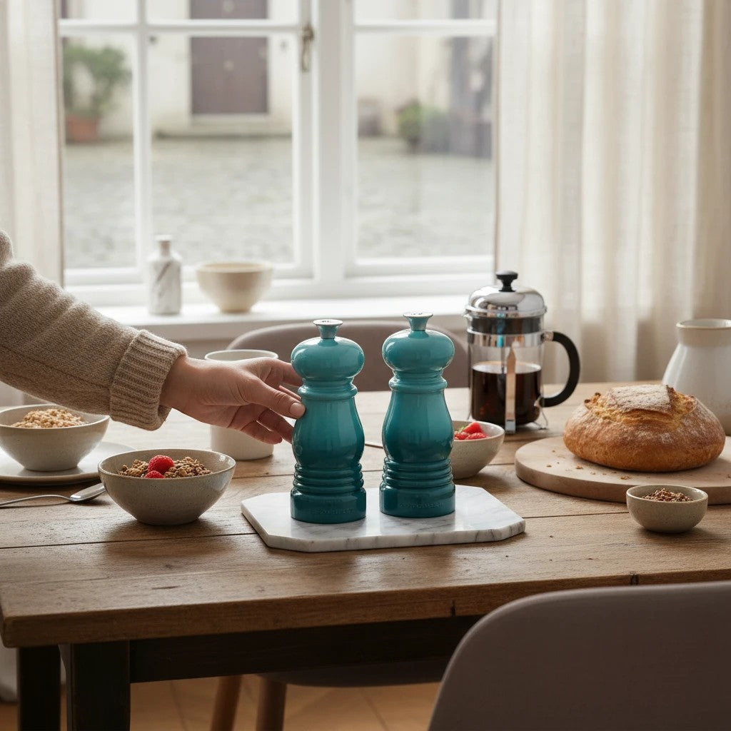whb-superb Le Creuset Mini Salz- und Pfeffermühlen-Set in Karibik auf einem Frühstückstisch mit Keramik-Mahlwerk.