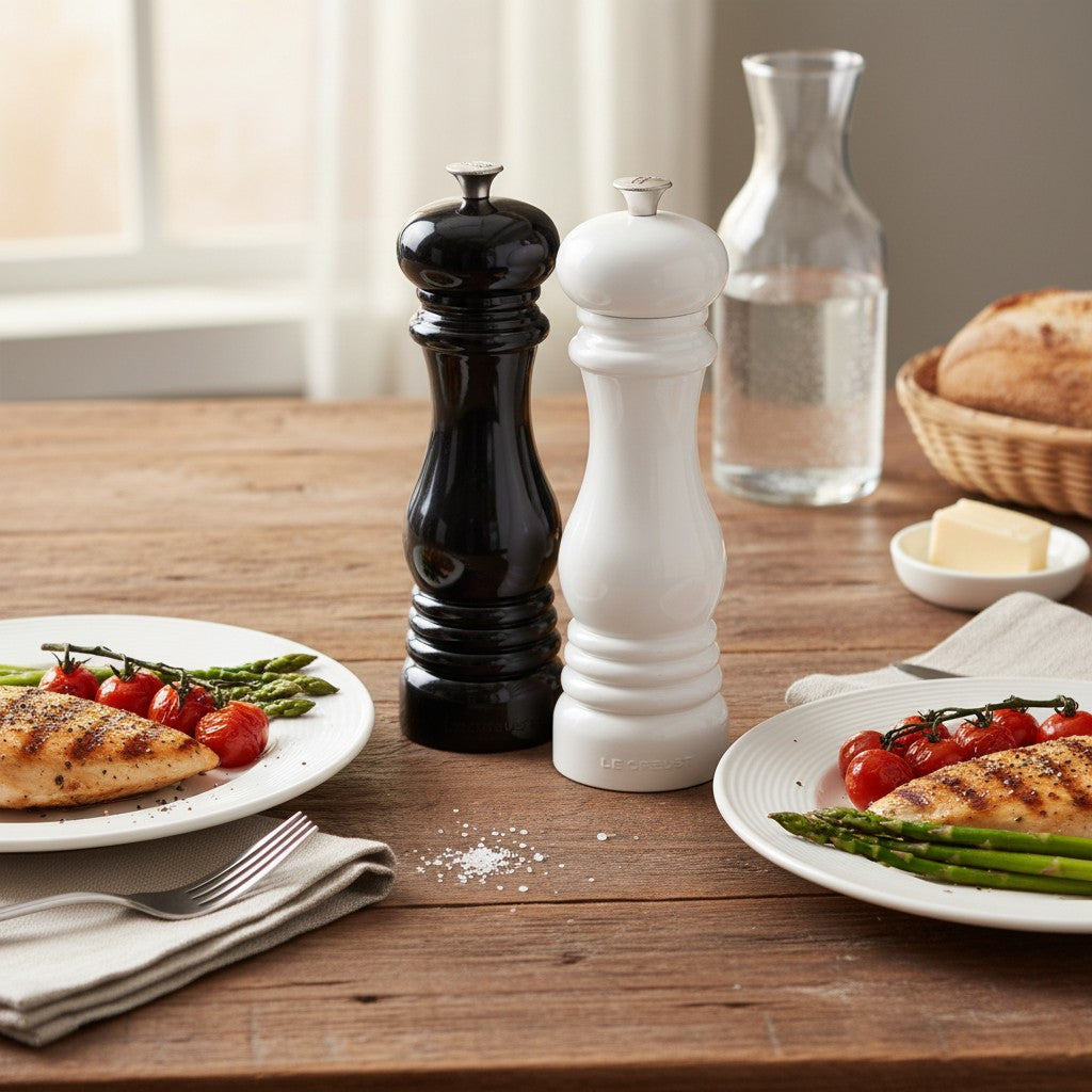 whb-superb Le Creuset Salz- und Pfeffermühle Set in Schwarz und Weiß mit Keramikmahlwerk auf einem Holztisch