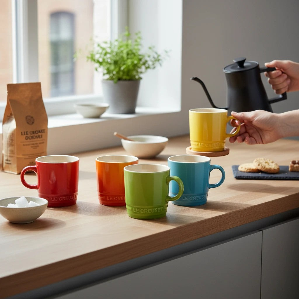 whb-superb LE CREUSET 6er-Set bunte Steinzeug-Becher in 350 ml auf einer Holzküche mit Hand beim Eingießen