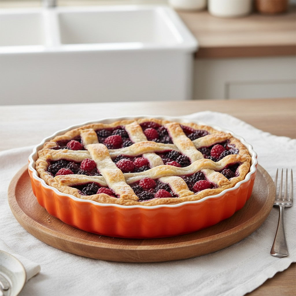 whb-superb Le Creuset Tarteform aus ofenrotem Steinzeug mit einer frisch gebackenen Beeren-Tarte auf einem Holzteller