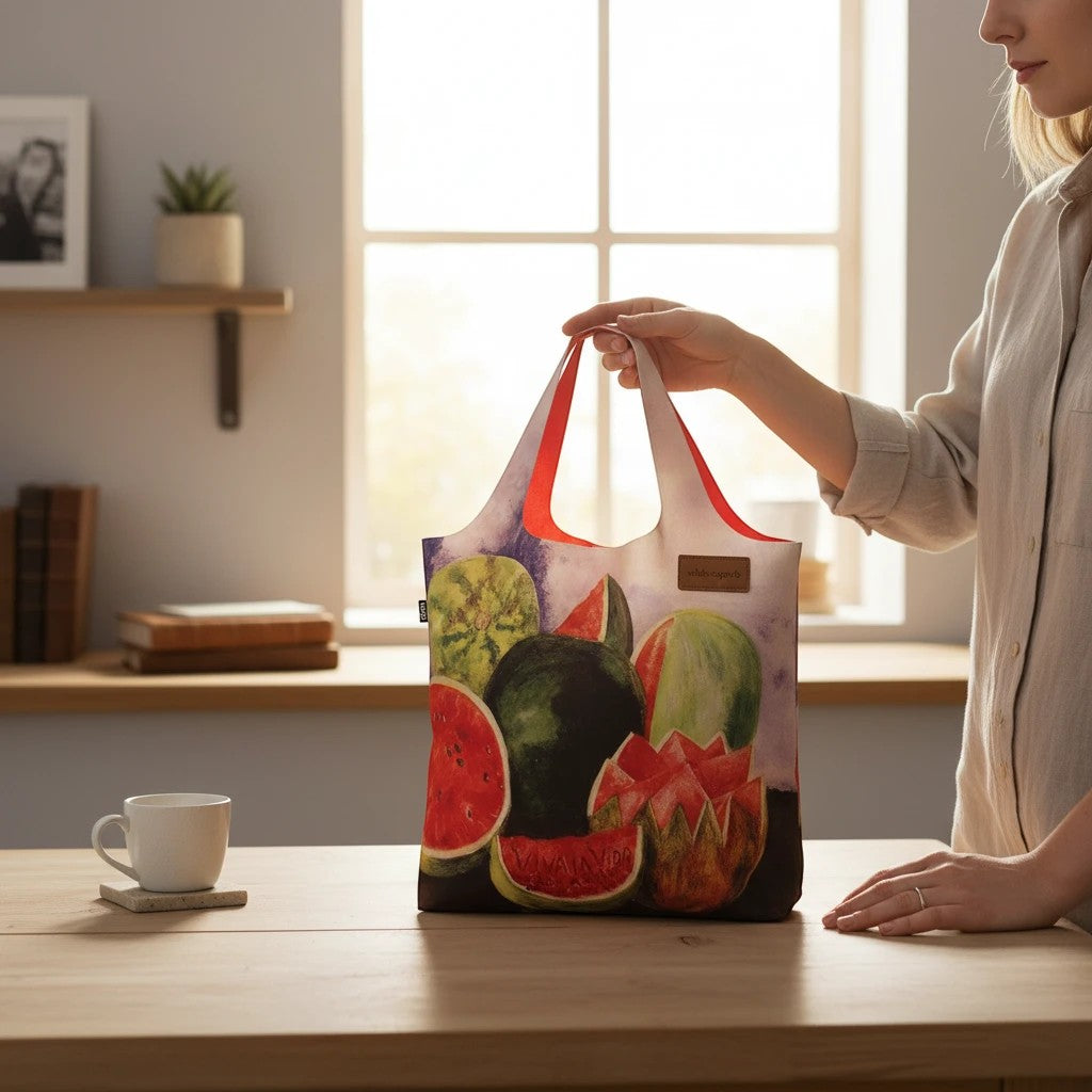 whb-superb LOQI Einkaufstasche mit Frida Kahlo Wassermelonen-Motiv aus recyceltem Material, faltbar und stabil.