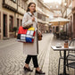 Frau trägt eine bunte, geometrisch gemusterte LOQI Einkaufstasche aus Polyester in einer historischen Altstadtgasse.