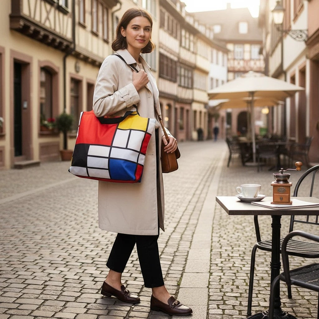 Frau trägt eine bunte, geometrisch gemusterte LOQI Einkaufstasche aus Polyester in einer historischen Altstadtgasse.