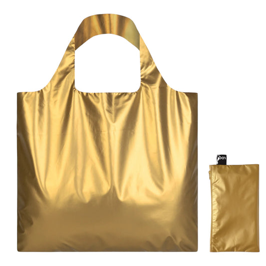 whb-superb LOQI Tragetasche in mattem Gold aus wasserfestem Polyester, faltbar und robust für den Alltag.