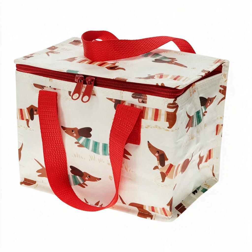 whb-superb Rex London Lunchtasche mit Dackel-Motiv, isolierte Snacktasche aus recyceltem Material mit roten Griffen