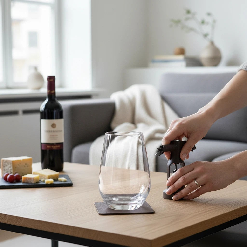 whb-superb silwy Magnet-Longdrinkglas aus Kristall mit Nano-Gel-Untersetzer auf Holztisch in modernem Wohnambiente