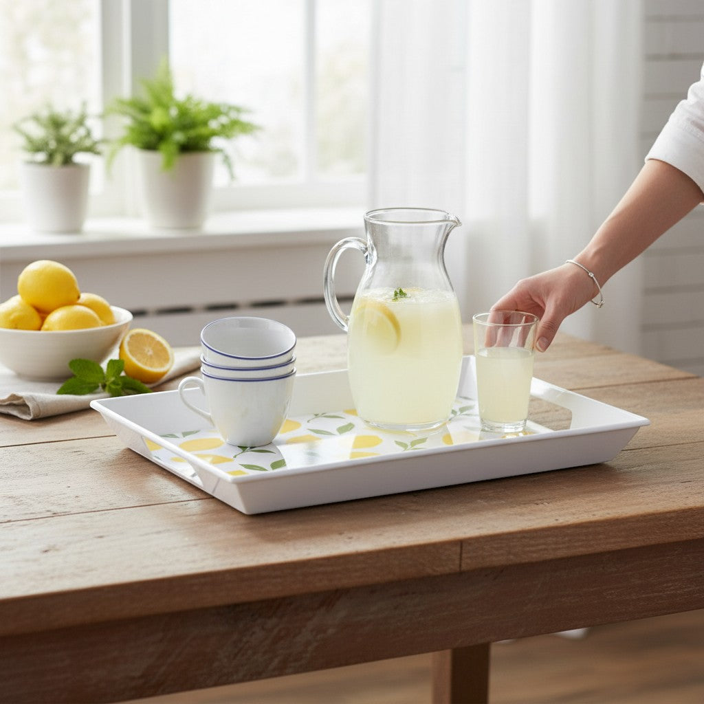 whb-superb Melamintablett mit Zitronenmuster, Griffen und servierter Limonade auf einem Holztisch