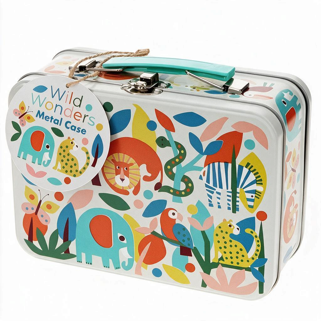 whb-superb Metallköfferchen Wild Wonders mit buntem Dschungel-Tier-Motiv und türkisem Tragegriff für Kinder