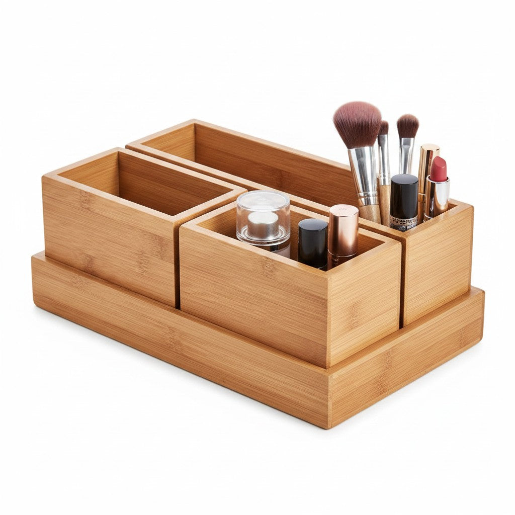whb-superb modularer Schreibtisch-Organizer aus hellem Bambusholz mit verschiedenen Fächern für Büro- oder Kosmetikartikel