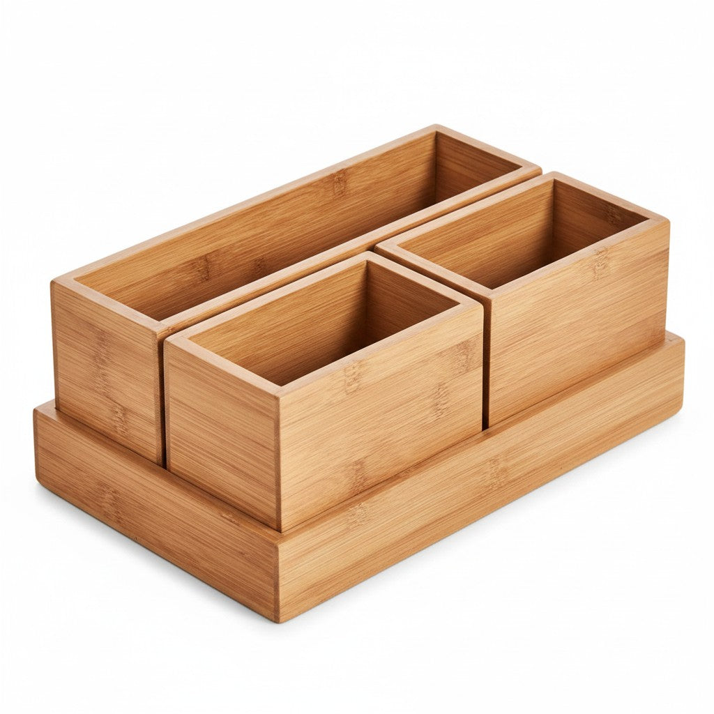 whb-superb modularer Schreibtisch-Organizer aus hellem Bambusholz mit drei flexiblen Ablageboxen auf einem Sockel
