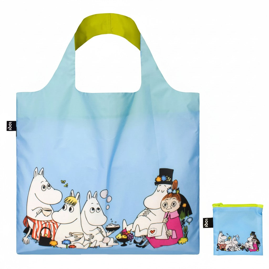 whb-superb MOOMIN Family Einkaufstasche aus recyceltem Polyester mit Mumin-Motiv und kleiner Zubehörtasche in Hellblau