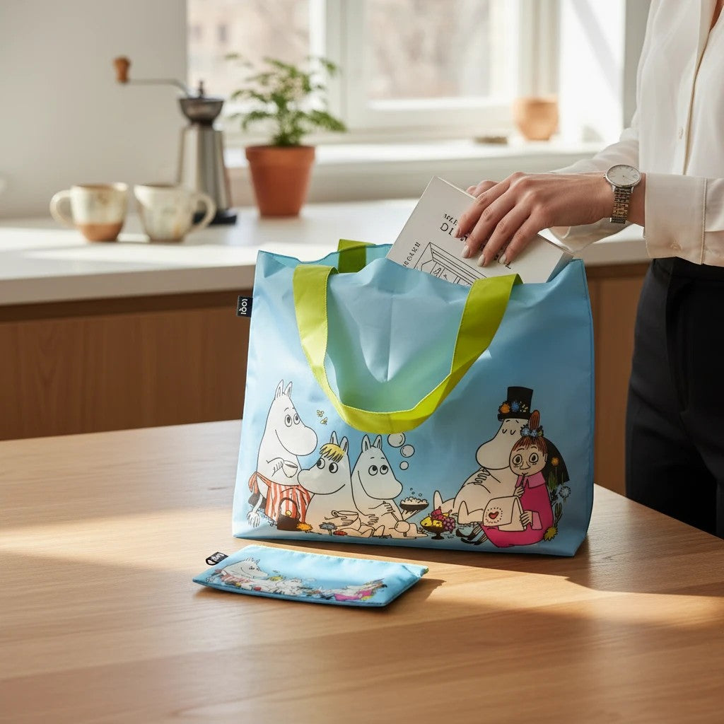 whb-superb MOOMIN Family Einkaufstasche aus recyceltem Polyester in Hellblau mit grünen Henkeln und Zubehörtasche
