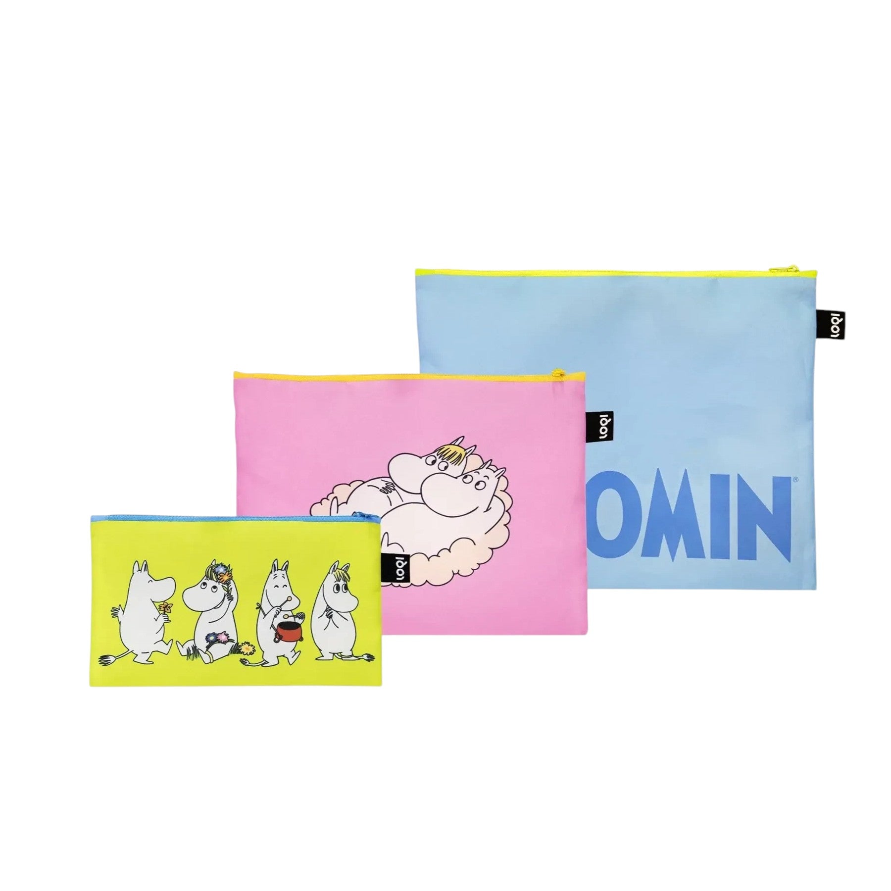 whb-superb Moomin Kosmetiktaschen-Set in drei Größen mit bunten Mumin-Motiven aus recyceltem Material