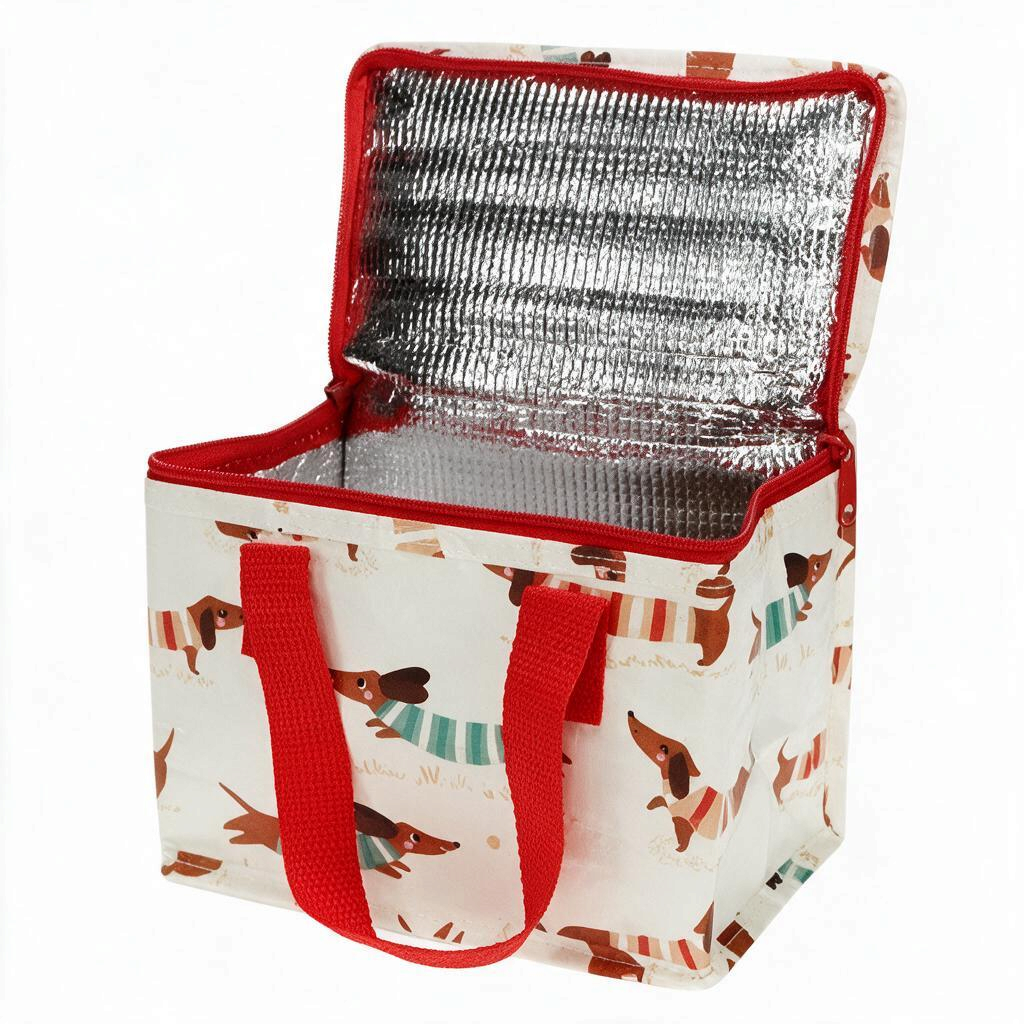 whb-superb Rex London Lunchtasche mit Dackel-Motiv, isoliert mit silberner Innenbeschichtung und roten Tragegriffen