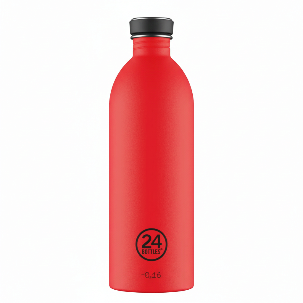 whb-superb 24Bottles Urban Trinkflasche aus rotem Edelstahl mit schwarzem Verschluss und Logo-Aufdruck