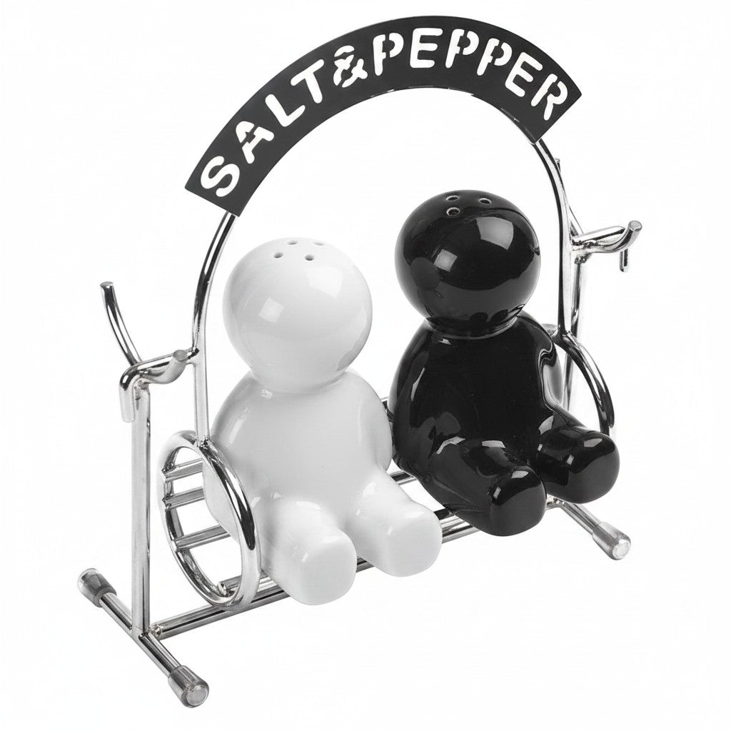 whb-superb balvi Salz- und Pfefferstreuer aus Keramik in Form von Figuren auf einer Hollywoodschaukel aus Metall