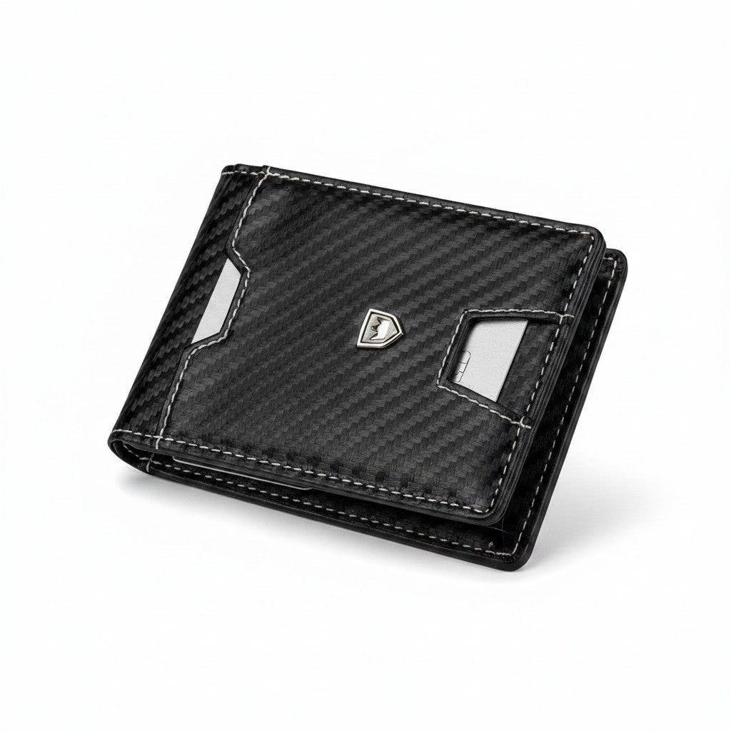 whb-superb Kronenschein Slim Wallet in Carbon-Optik mit RFID-Schutz, Münzfach und Geldklammer aus Kunstleder