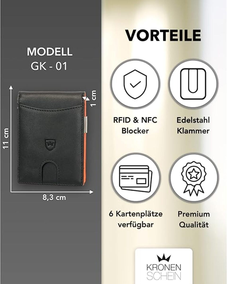 whb-superb Slim Wallet GK-01: Schwarzes Leder Portemonnaie mit orangenem Innenfutter, RFID-Schutz, Geldklammer und 6 Kartenfächern.