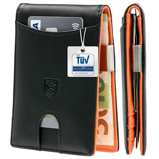 whb-superb Slim Wallet aus schwarzem Leder mit orangefarbenem Innenfutter, RFID-Schutz und Geldklammer