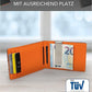 whb-superb Slim Wallet in Schwarz-Orange mit Münzfach, RFID-Schutz, Geldklammer und Platz für 6 Karten.