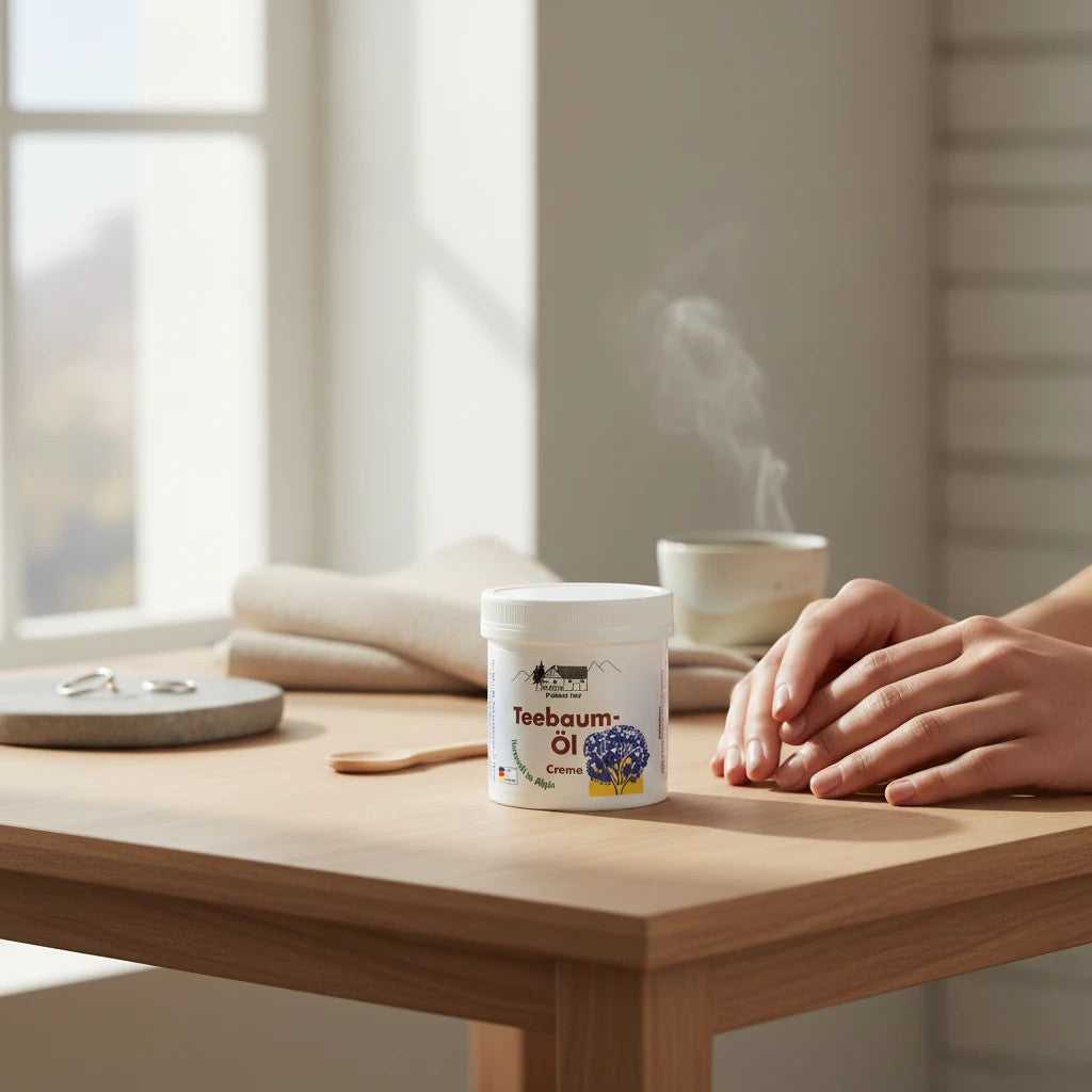 whb-superb Pullach Hof Teebaumöl Creme in weißer Dose auf einem Holztisch mit dampfender Tasse im Hintergrund