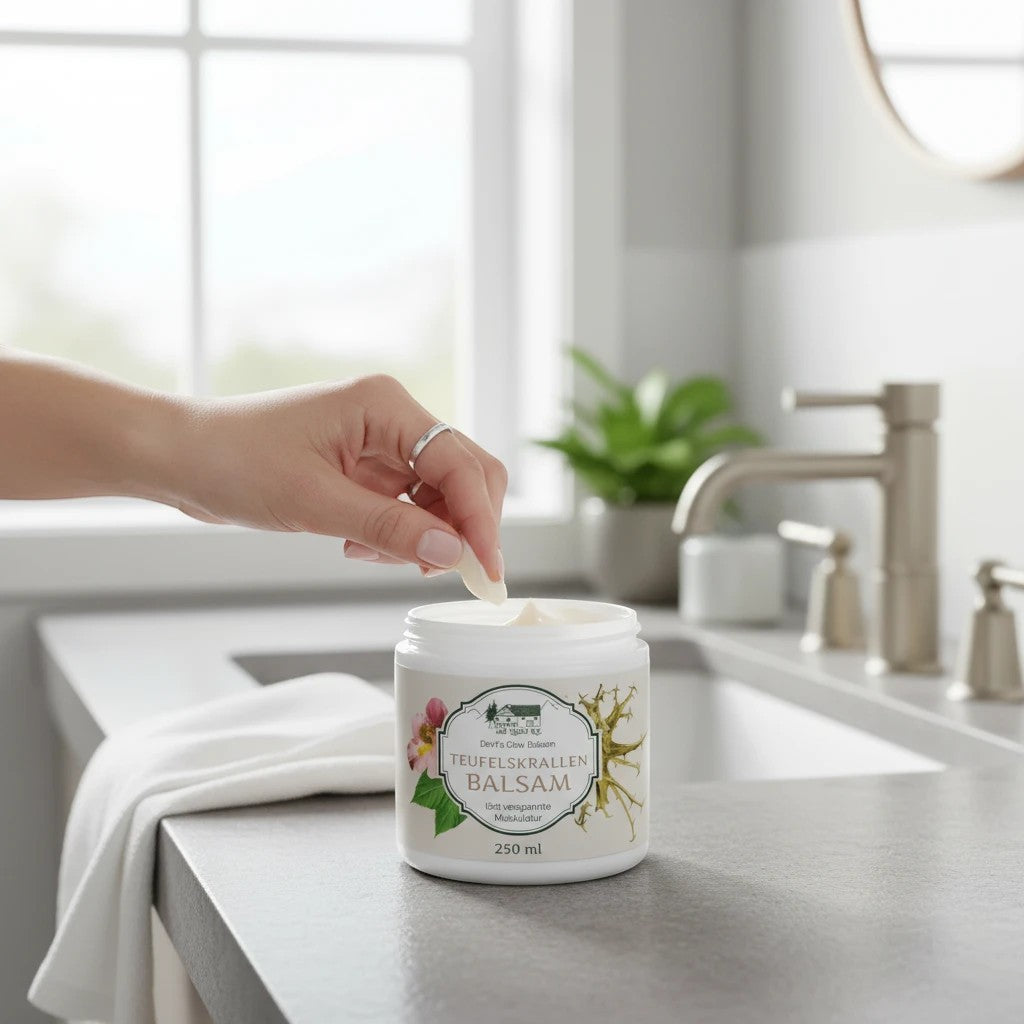 whb-superb Pullach Hof Teufelskrallen Gel 250ml zur Muskelentspannung, aufgetragen in einem hellen Badezimmer.