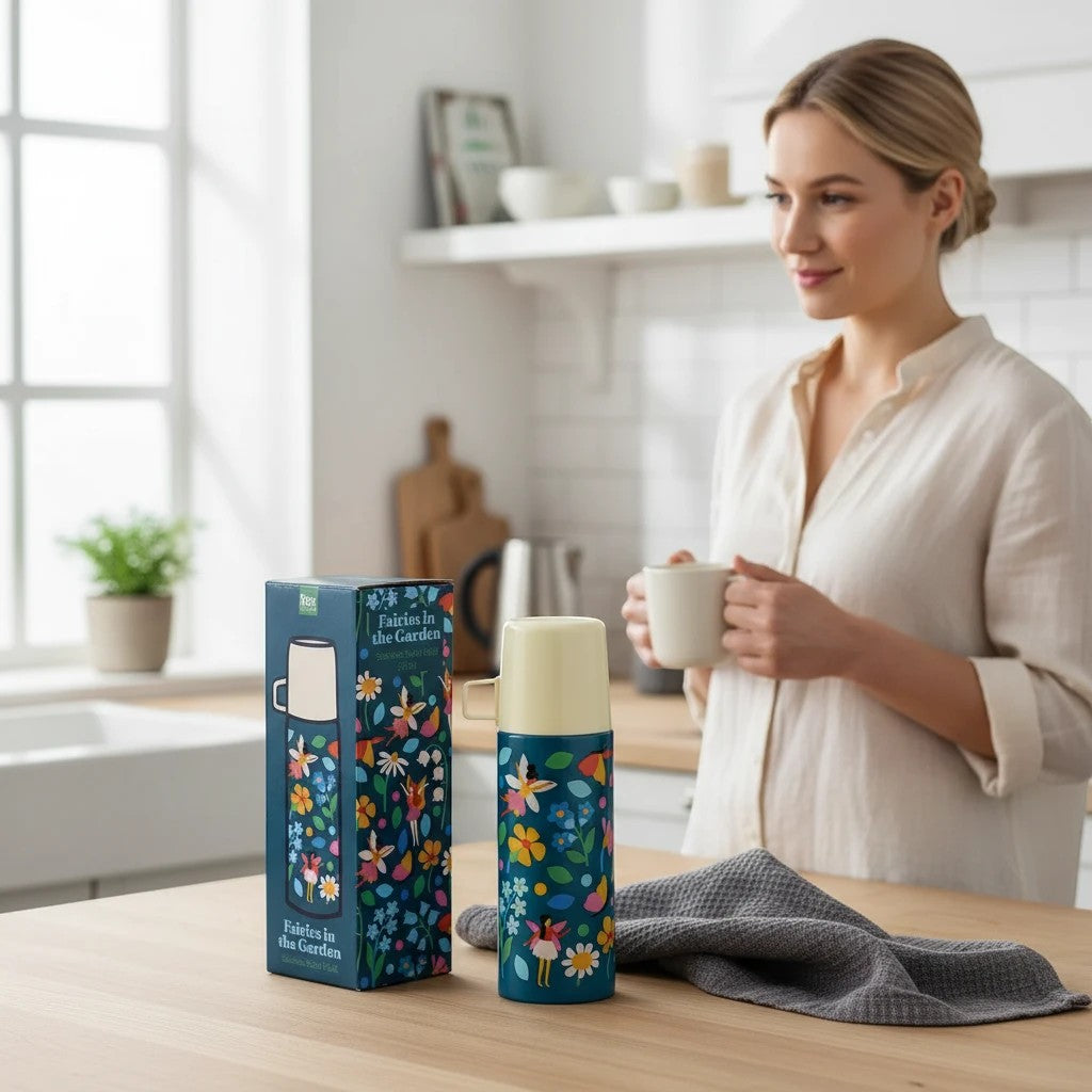 whb-superb Rex London Edelstahl-Thermosflasche 350ml mit Feen-Motiv und Trinkbecher in einer hellen Küche