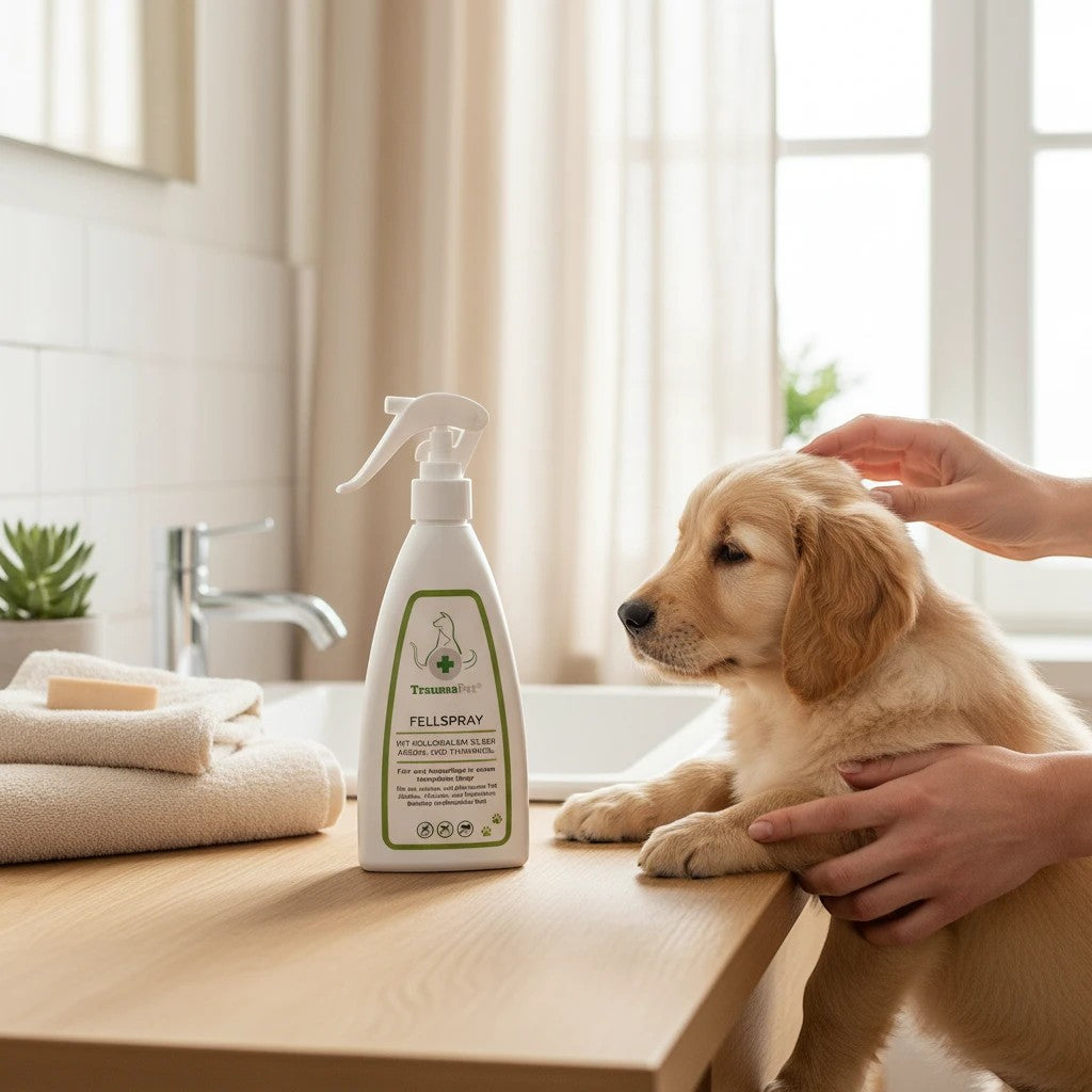 whb-superb TraumaPet Fellspray mit kolloidalem Silber zur Zeckenabwehr bei einem Golden Retriever Welpen im Bad