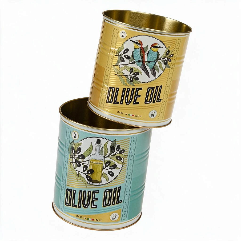 whb-superb Vorratsdosen-Set aus Metall im Vintage-Stil mit Olivenöl-Motiv und Vögeln in Gelb und Blau