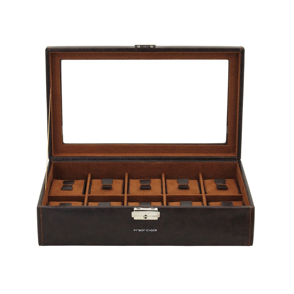 Friedrich23 Uhrenkoffer Bond mit Glasdeckel für 10 Uhren - braun