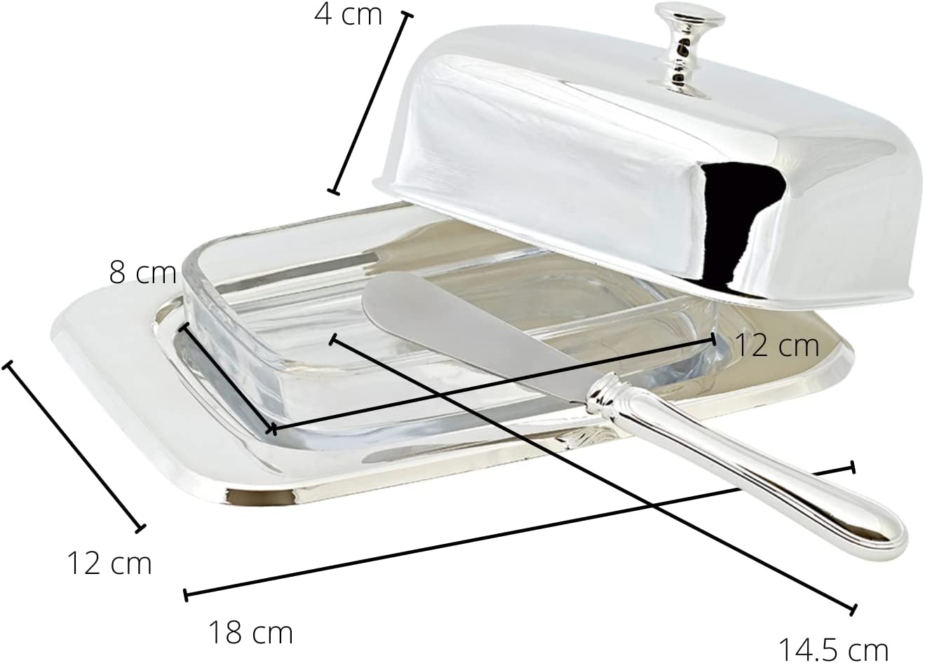 Edzard Butterdose, versilbert, mit Glasschale und Messer