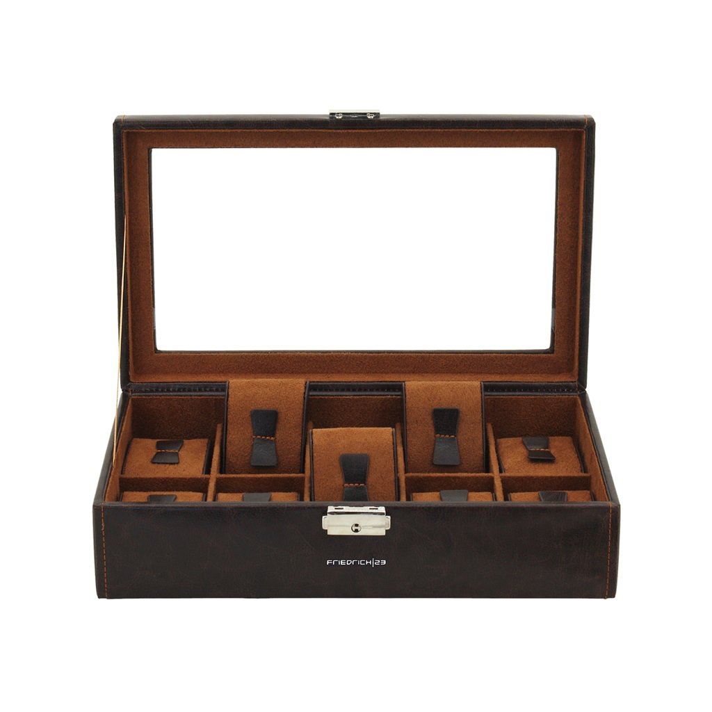 Friedrich23 Uhrenkoffer Bond mit Glasdeckel für 10 Uhren - braun