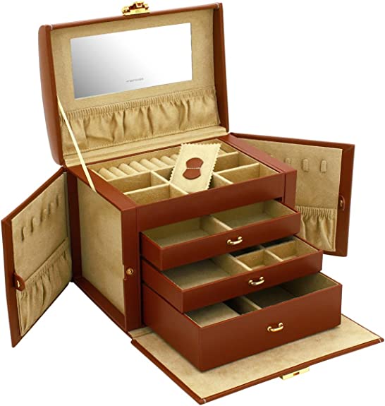 Friedrich23 Schmuckkoffer - Schmuck- und Uhrenkasten mit 3 Schubladen und Flügeltür
