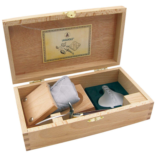 Laguiole Austernbesteck Set mit Messer, Zitronenpresse, Block und Topflappen in Holzbox