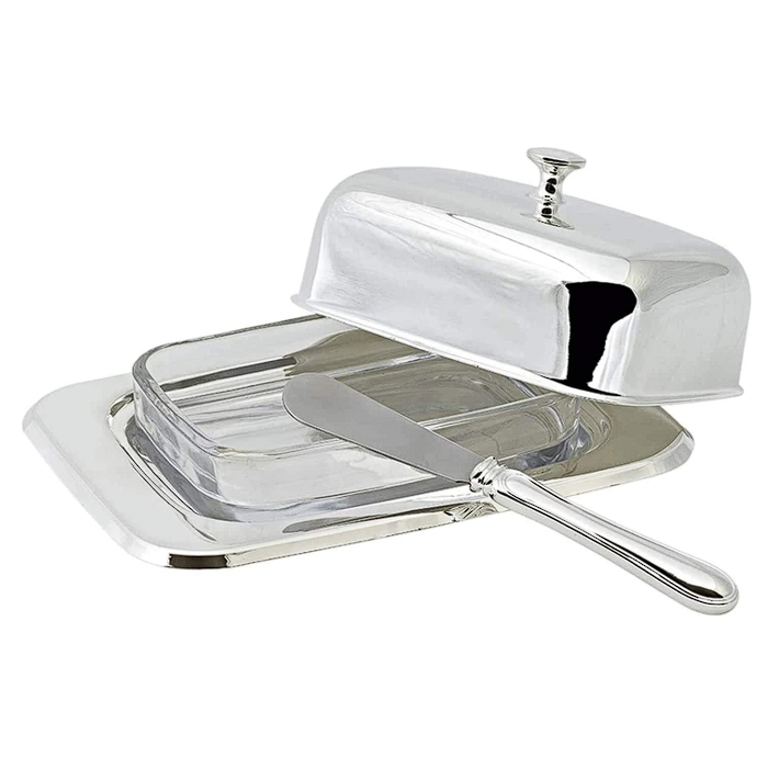 Edzard Butterdose, versilbert, mit Glasschale und Messer