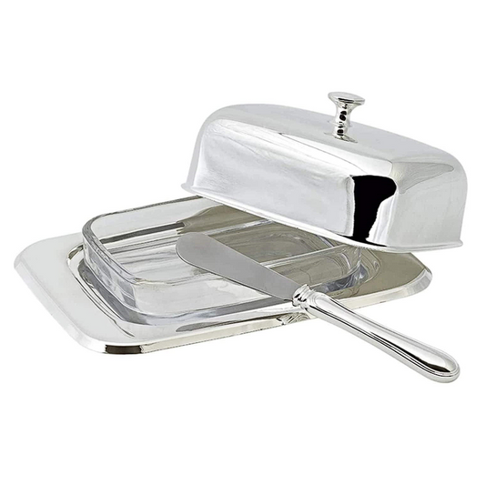 Edzard Butterdose, versilbert, mit Glasschale und Messer